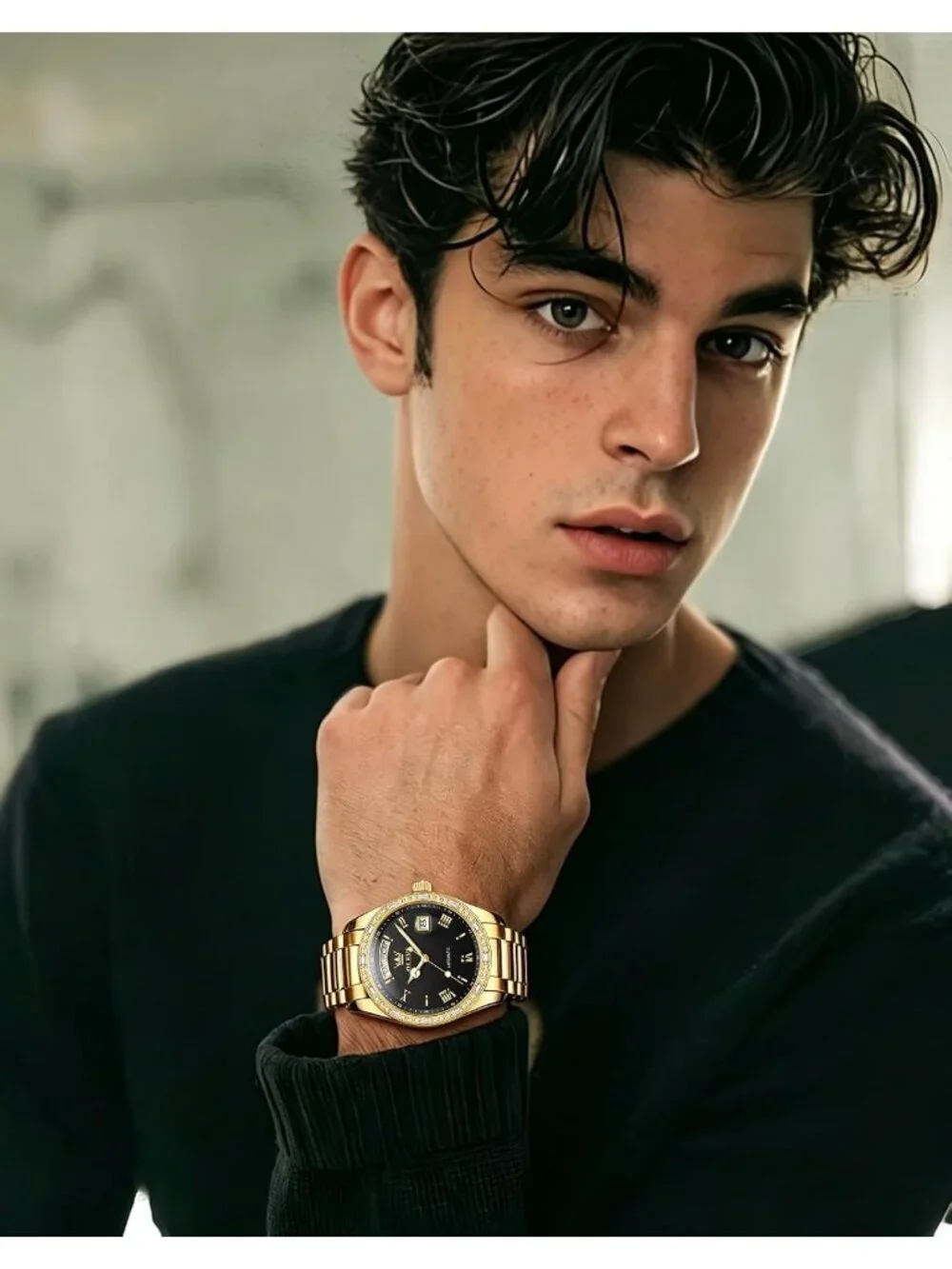Men's Gold band & Black dial Leather Strap Classic Adjustable Dress Wrist Watch